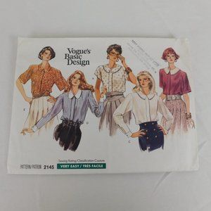 Vogue Basic Design 2145 Sewing Pattern Women Blouse Shirt Top Size 8 10 12 Uncut